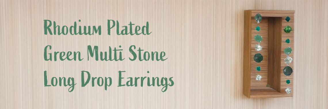 Rhodium Plated Green Multi Stone Long Drop Earrings